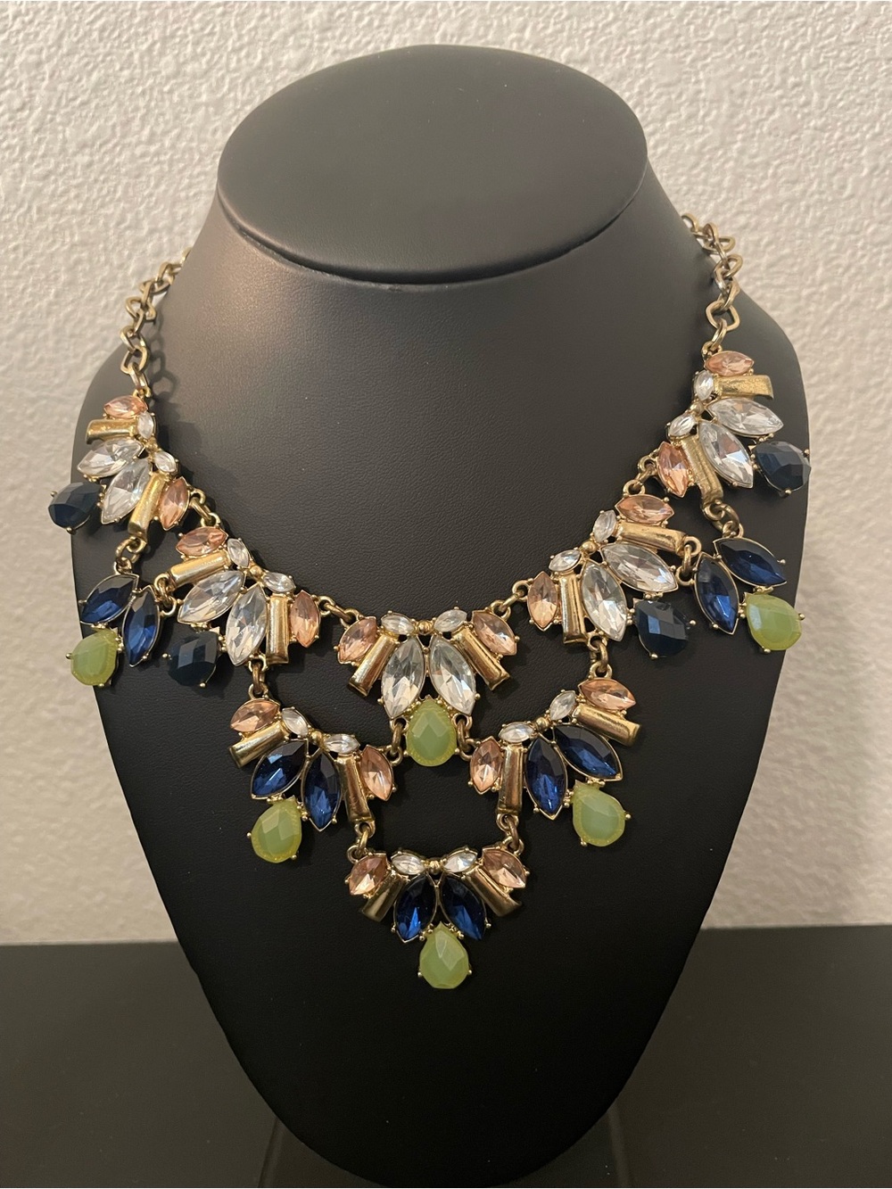 Crystal Gemstone Cluster Bib Statement Necklace Gold Blue Peach
